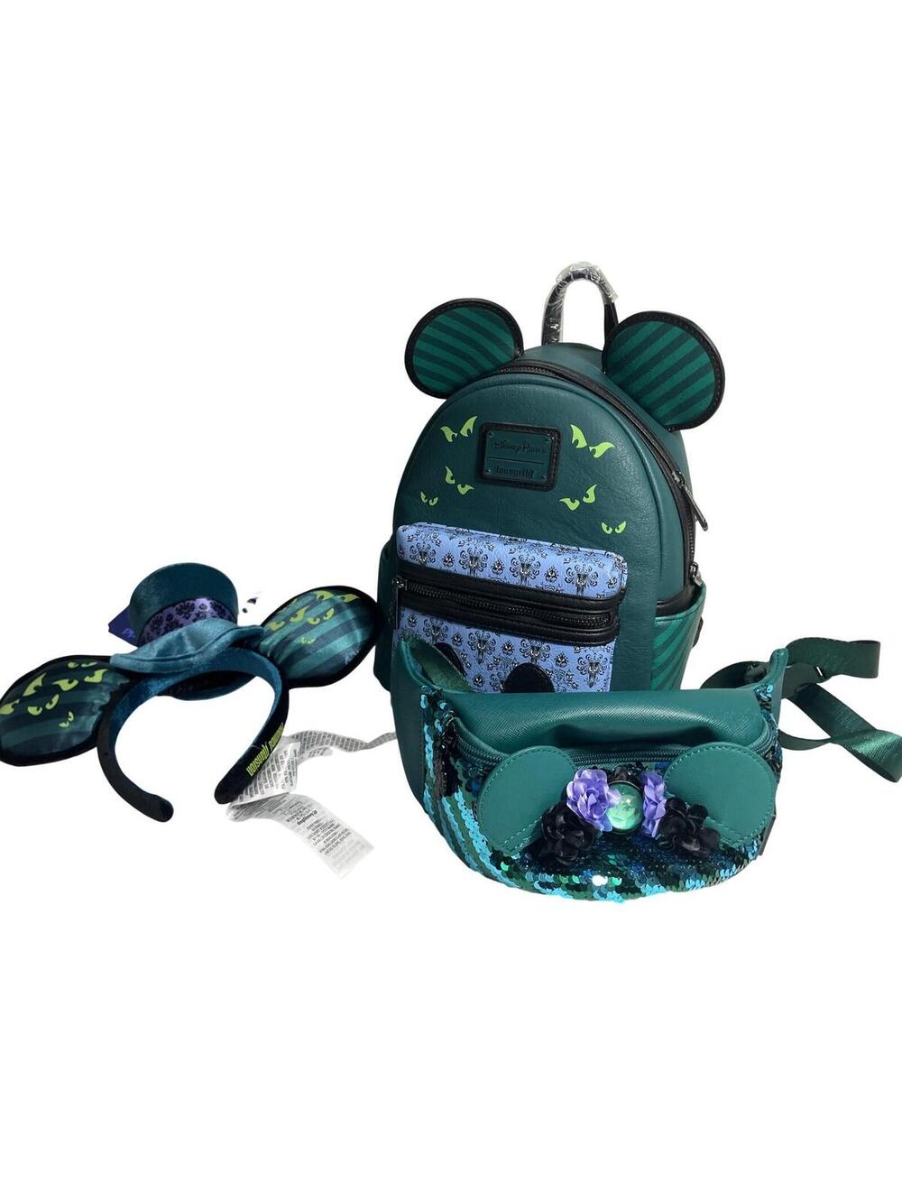 Loungefly Disney Haunted Mansion Mini Backpack Belt Bag Ears Set Green Glow